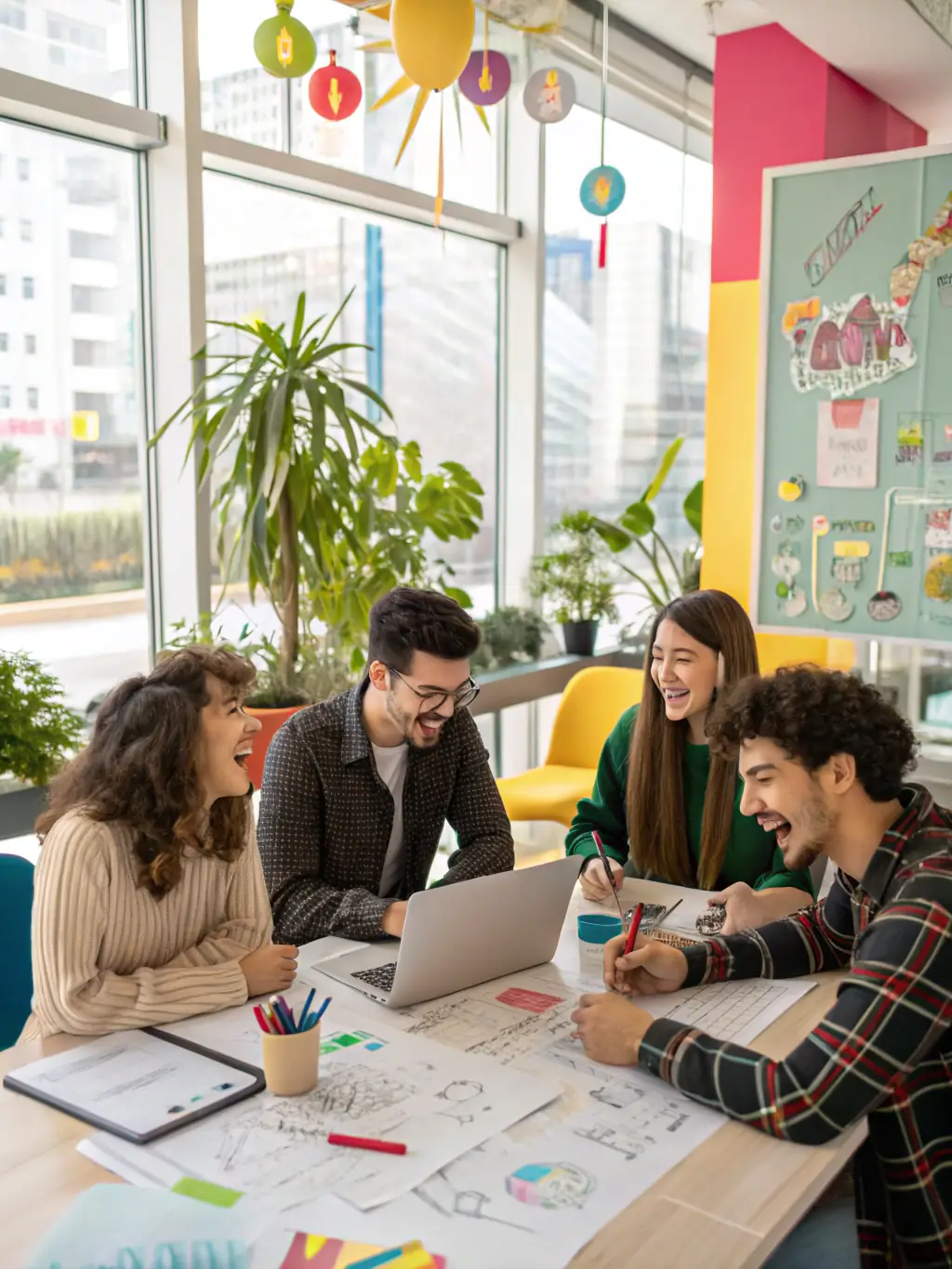 A diverse team brainstorming innovative branding solutions in a modern office setting, reflecting Brand Articulate's collaborative approach.